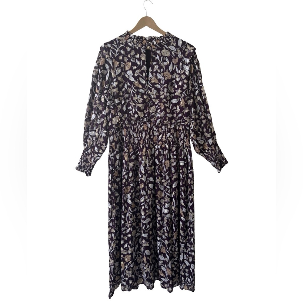 Ann Taylor Deep Purple + Gold Floral Shirred Waist Dress